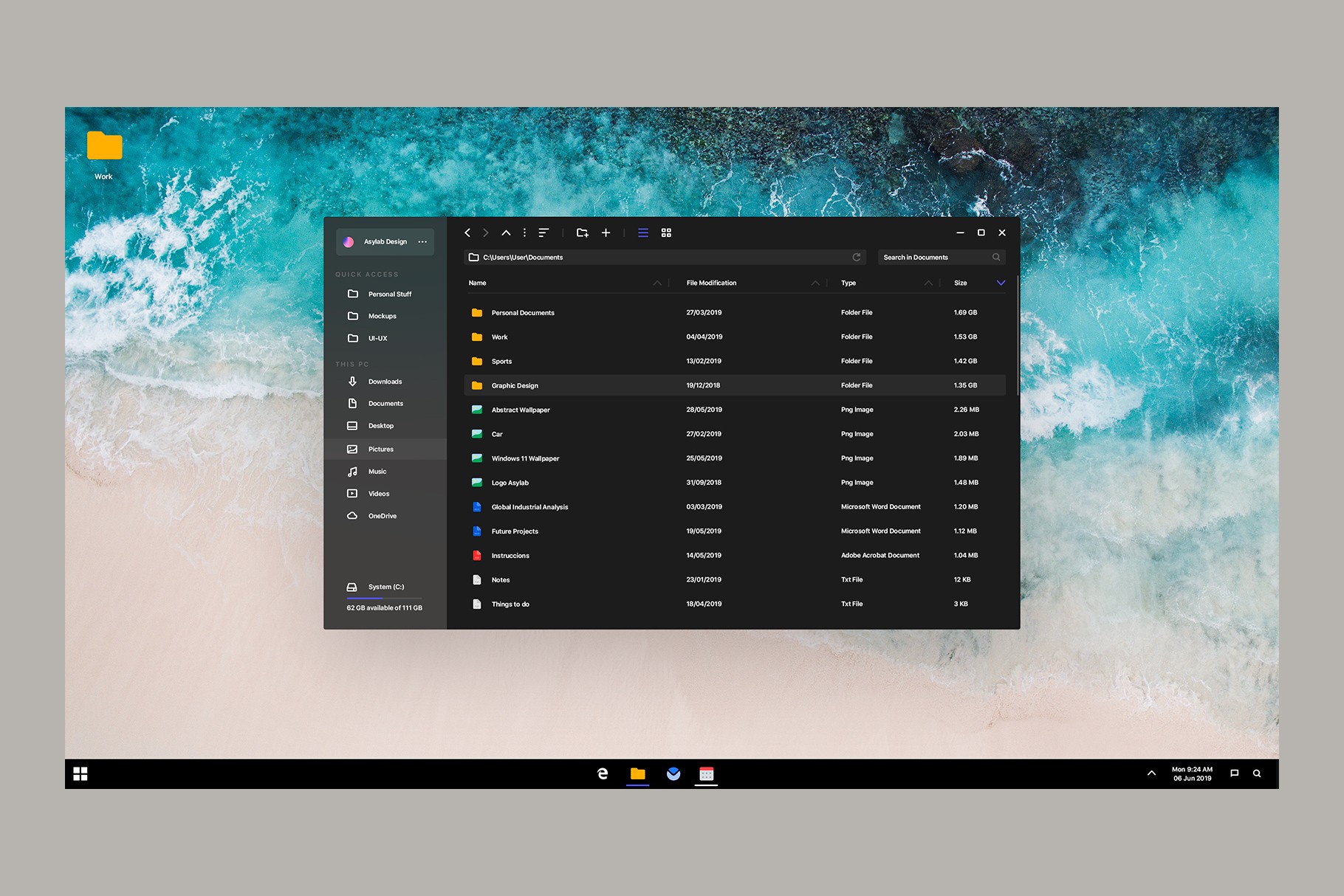 Dark mode Windows 11 concept with an open file explorer displaying folders and files.