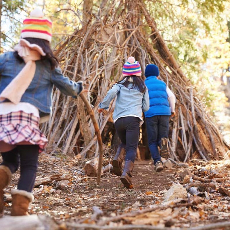 A photo of a groupd children running towards and den they have created in the woods from branches and sticks