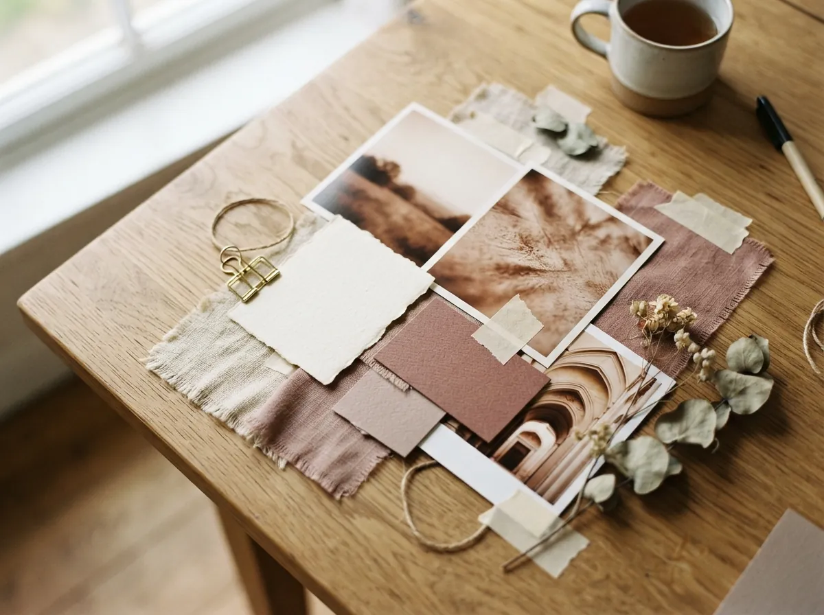 Hands arranging moodboard prints and colour chips
