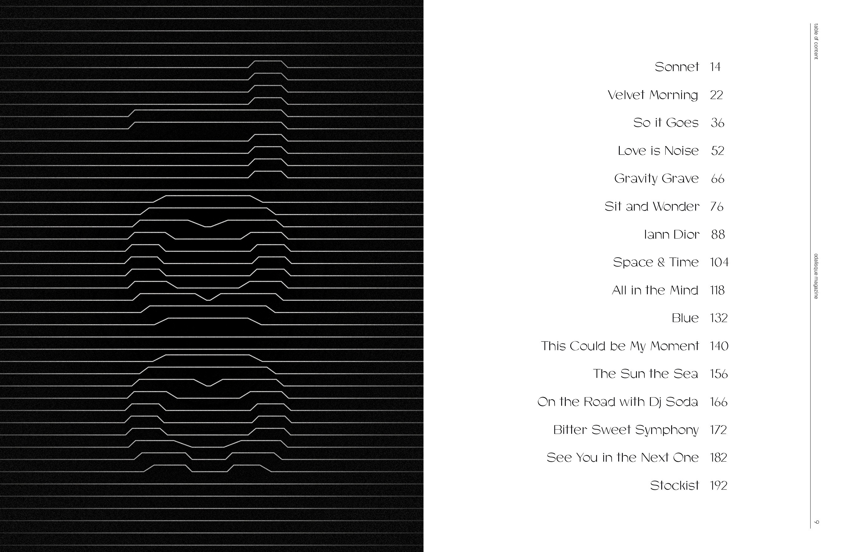 A geometric line pattern on black beside a restrained table of contents.
