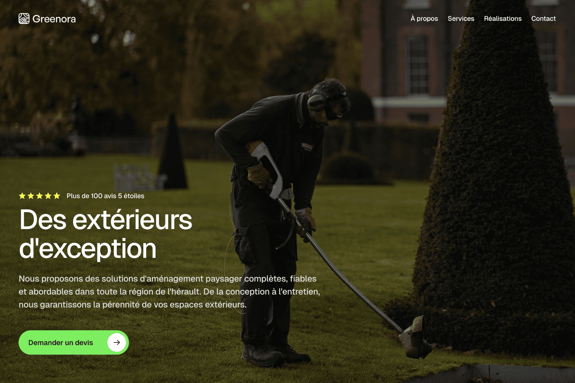 Maquette site paysagiste Greenora (Hérault) par Weby Studio. Design immersif optimisé pour la demande de devis.