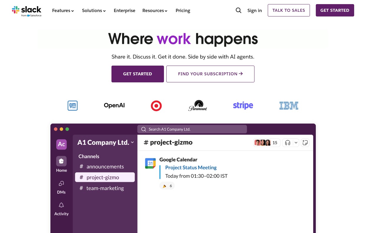 Slack landing page example