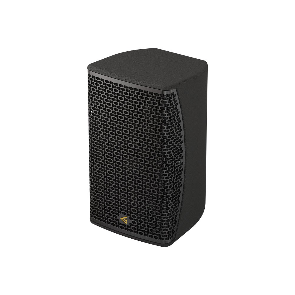 Black speaker with a mesh grille and yellow logo.