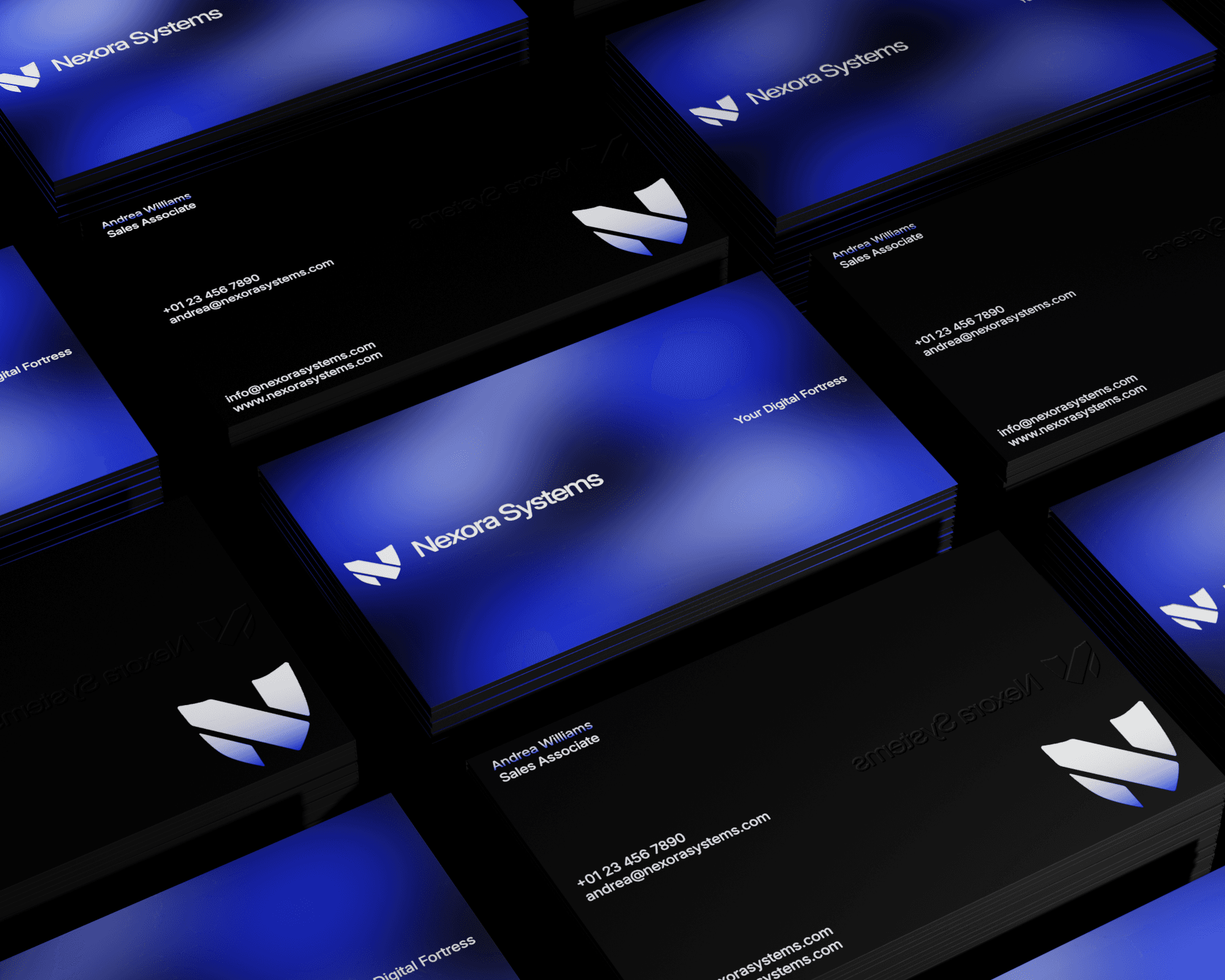 A mockup of Nexora Systems's business card design. The business cards feature an electric blue gradient background on the front side, with the logo and slogan featured in white. The back of the cards has a black background with the contact details shown in white and the logo featured in the bottom-right corner.