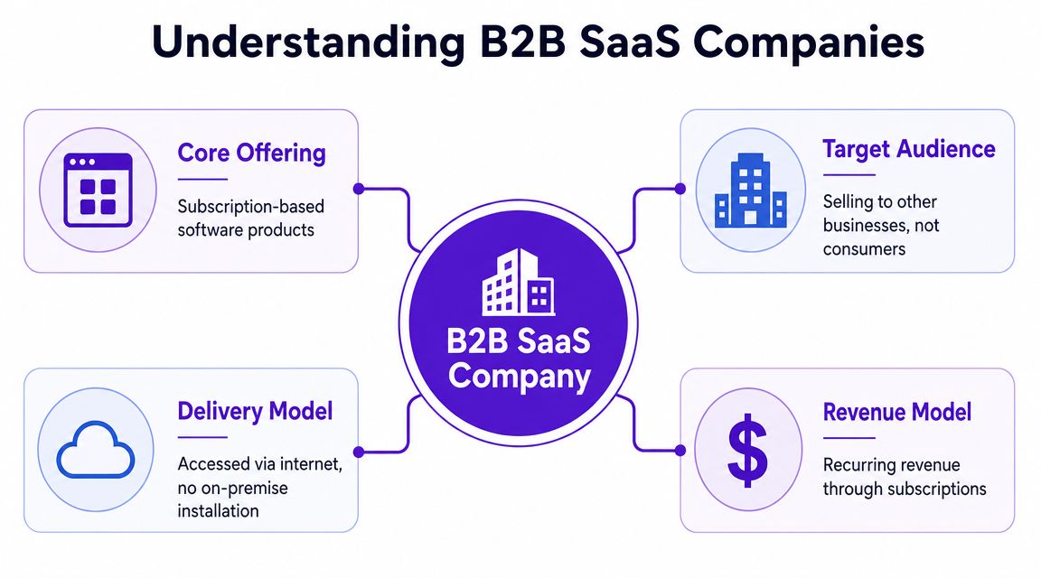 A diagram explaining the four key components of B2B SaaS companies including core offering, target audience, delivery, and revenue.