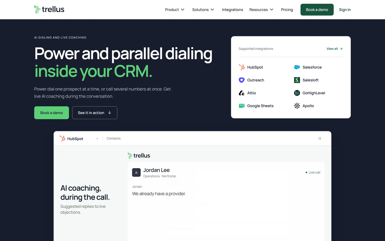 Trellus running inside HubSpot with live call coaching