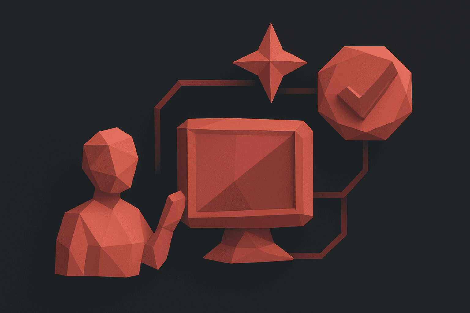 Low-poly 3D graphic of a person with a computer monitor, a star, and a checkmark, representing digital validation and interaction