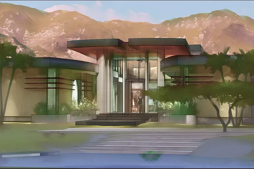 Attractive contemporary house design with large roof overhang.