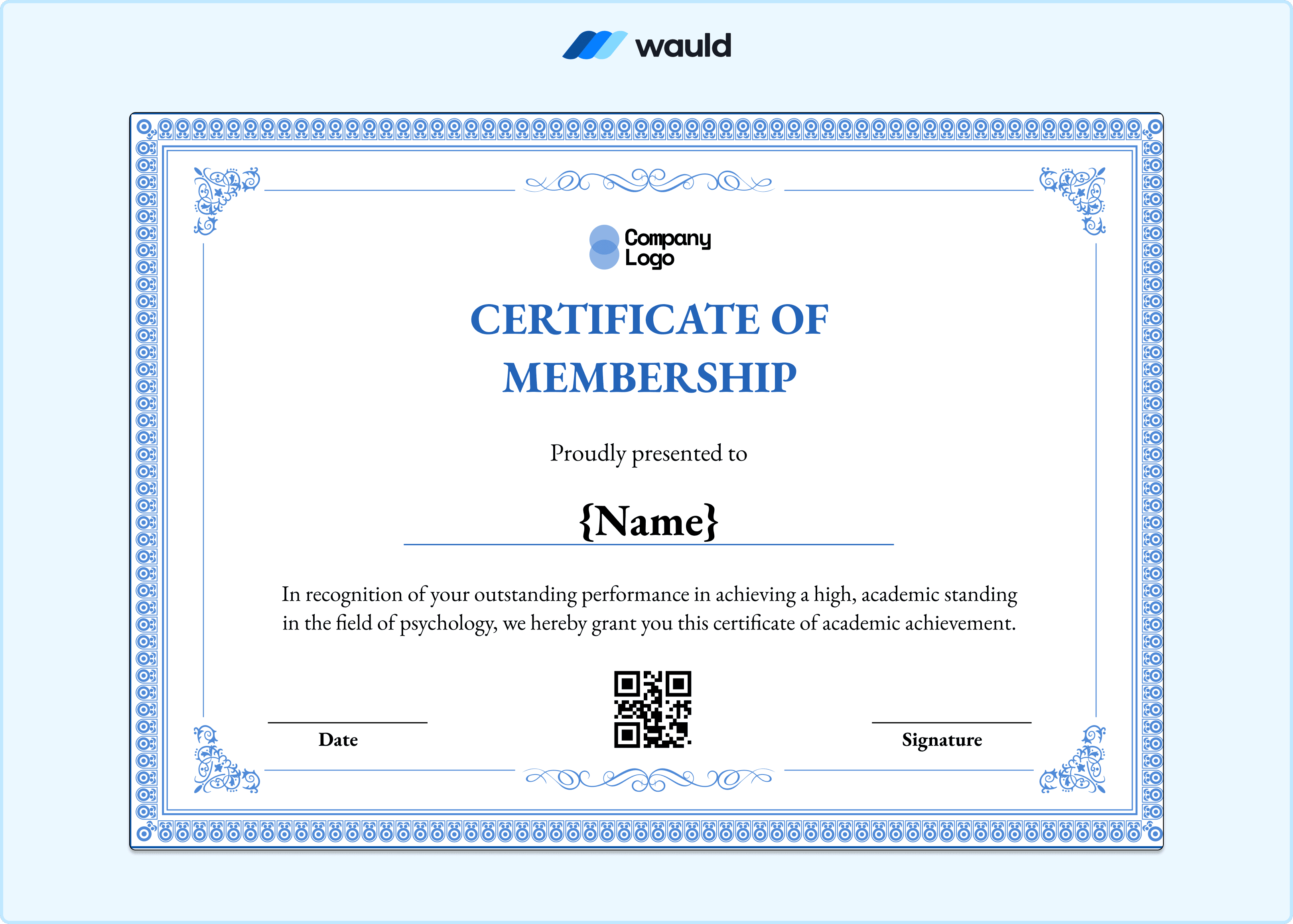 Blue ornate certificate of membership template with intricate border detailing, member name field, achievement description, date, QR code, and signature line