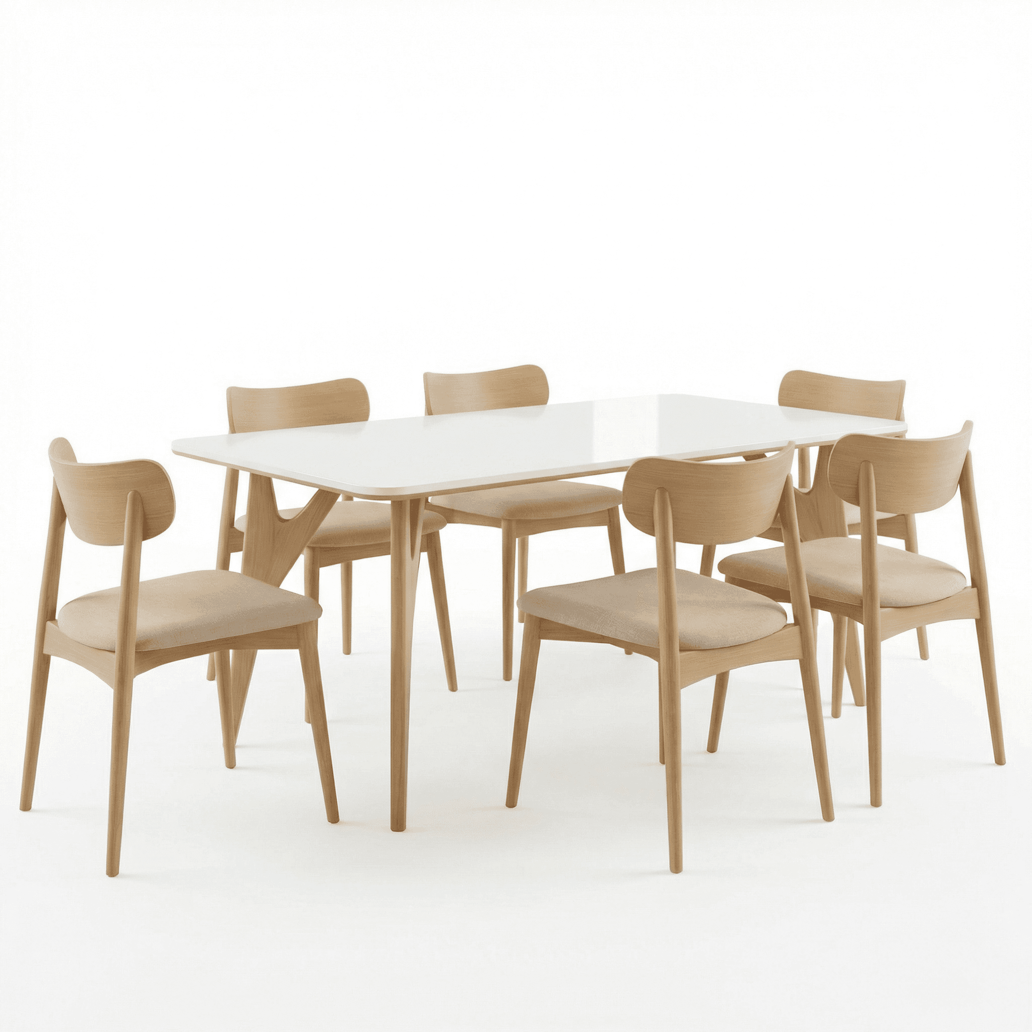 Rectangular dining table with smooth wood finish and fully upholstered dining chairs