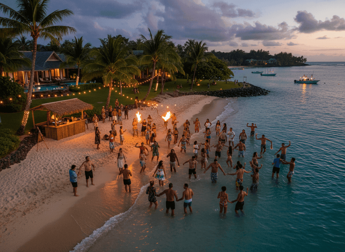 Guests dance and enjoy a fire show on the Uprising Beach Resort beachfront in Pacific Harbour, Fiji, at dusk.