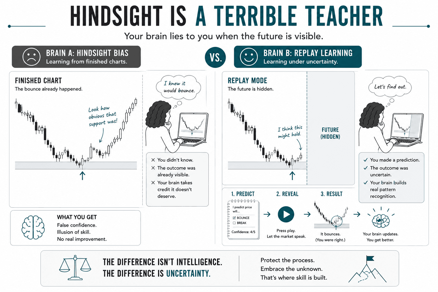 Educational infographic comparing hindsight bias with replay-based learning. One side shows a trader reviewing a finished chart and believing the support level was obvious after the bounce occurred, while the other side shows replay mode with the future hidden, requiring a prediction before the outcome. The visual demonstrates that genuine pattern recognition develops only through uncertainty and feedback.