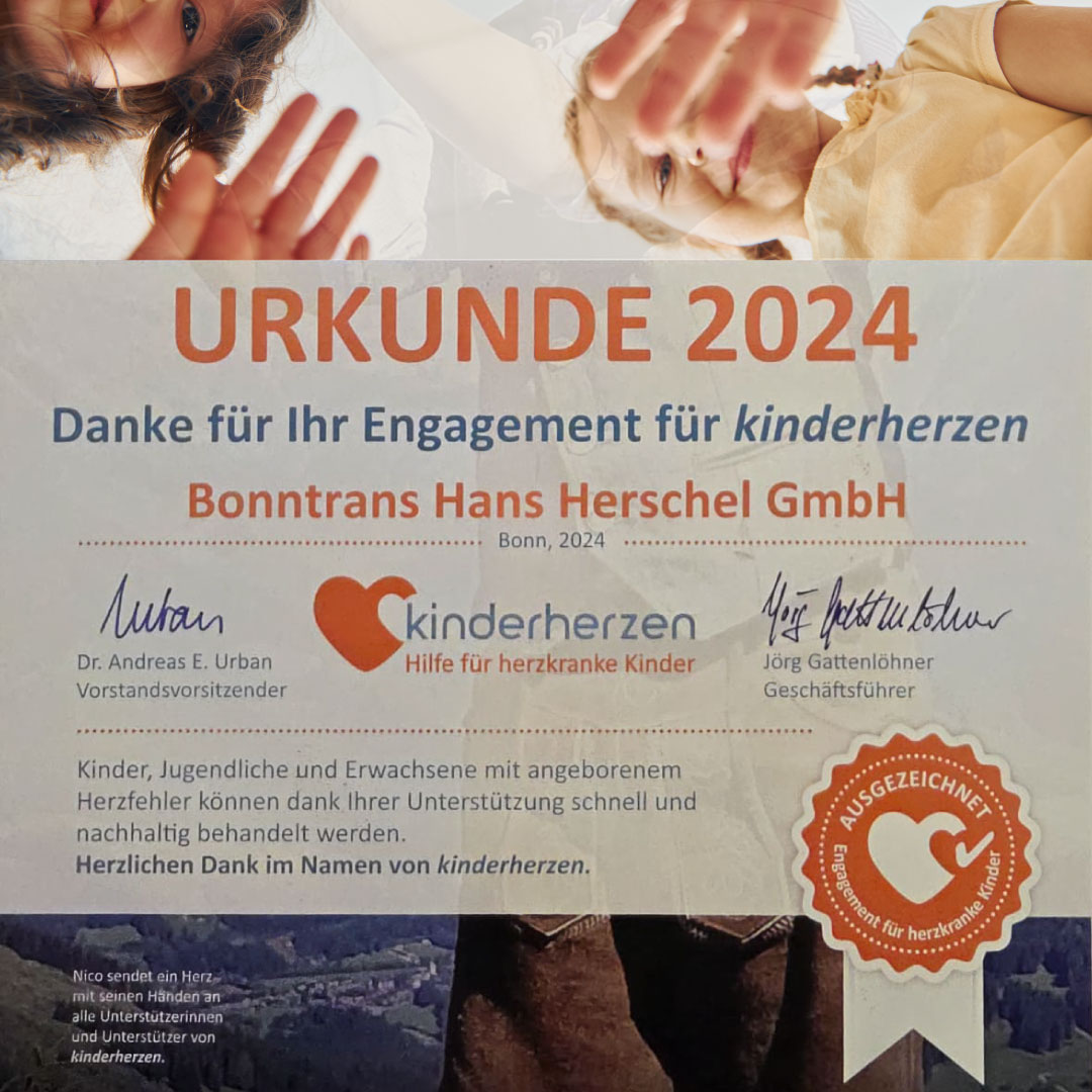 Urkunde 2024 Bonntrans Engagement bei Bonntrans: Unterstützung für kinderherzen e. V.