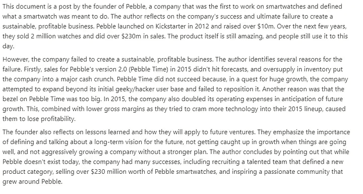 Notion AI generated summary of Eric Migicovsky's article