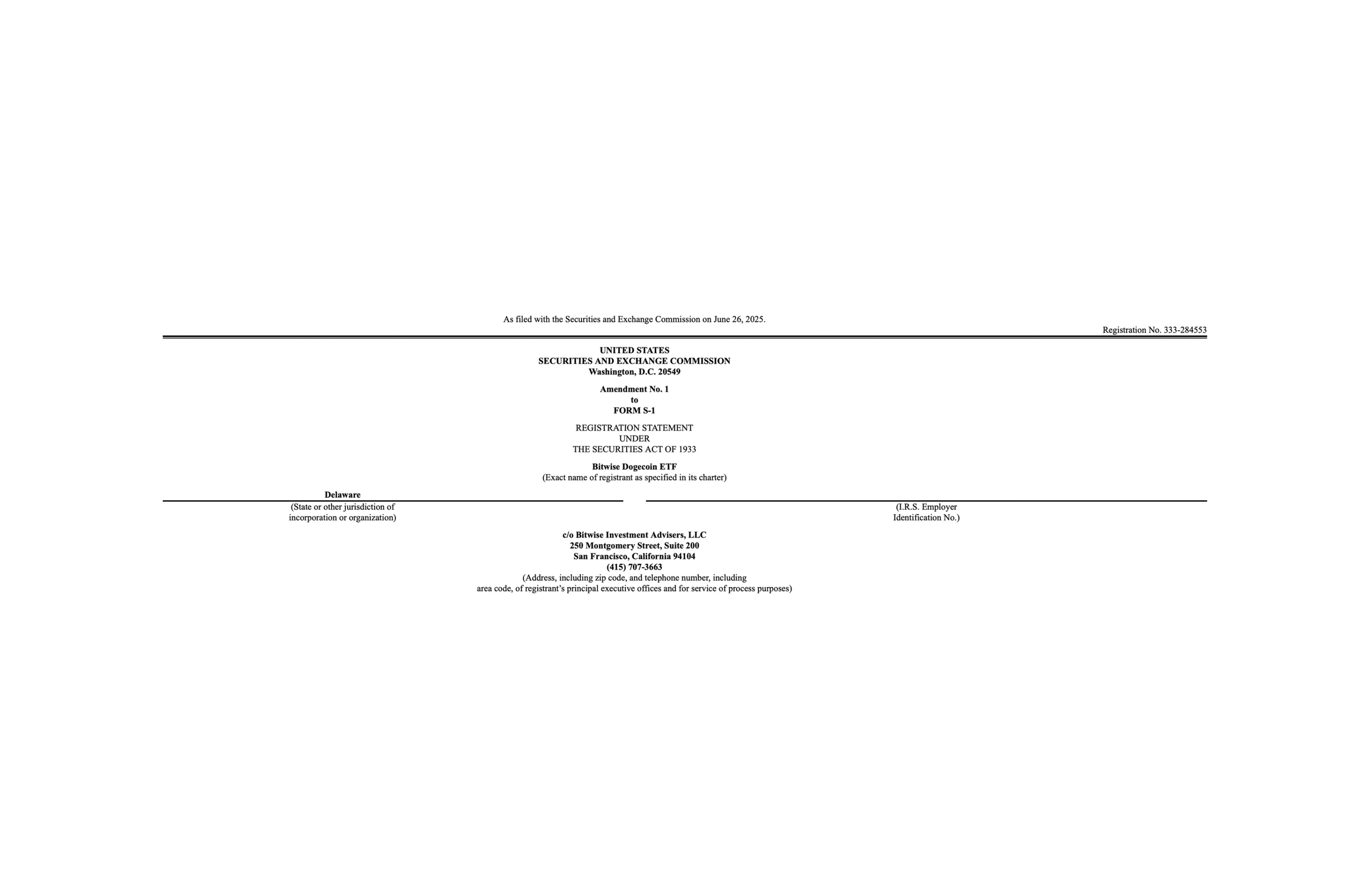 Dogecoin ETF Registration Statement | Bitwise Investment Advisers, LLC