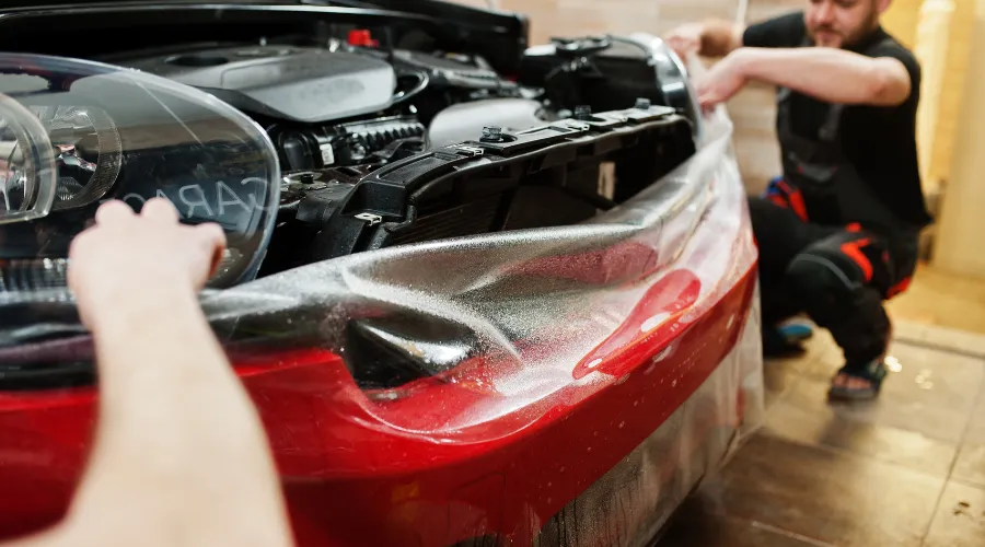 Car being wrapped in clear protective film