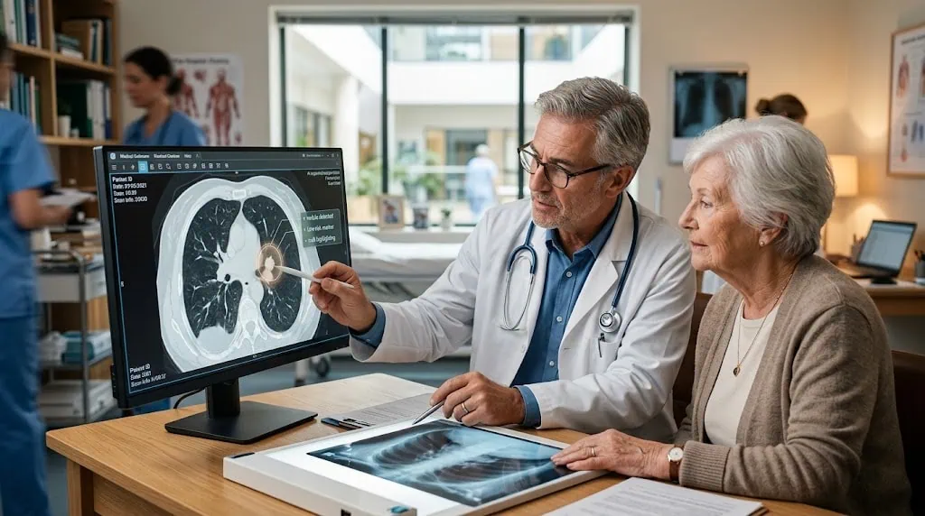 Médico e paciente analisando resultado de exame sendo analisado por inteligencia artificial na saude
