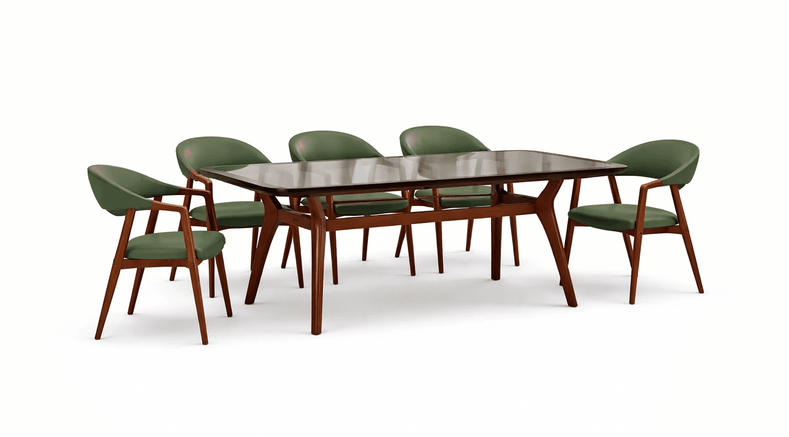 Rectangular curved glass‑top dining table with solid wood legs and curved upholstered chairs