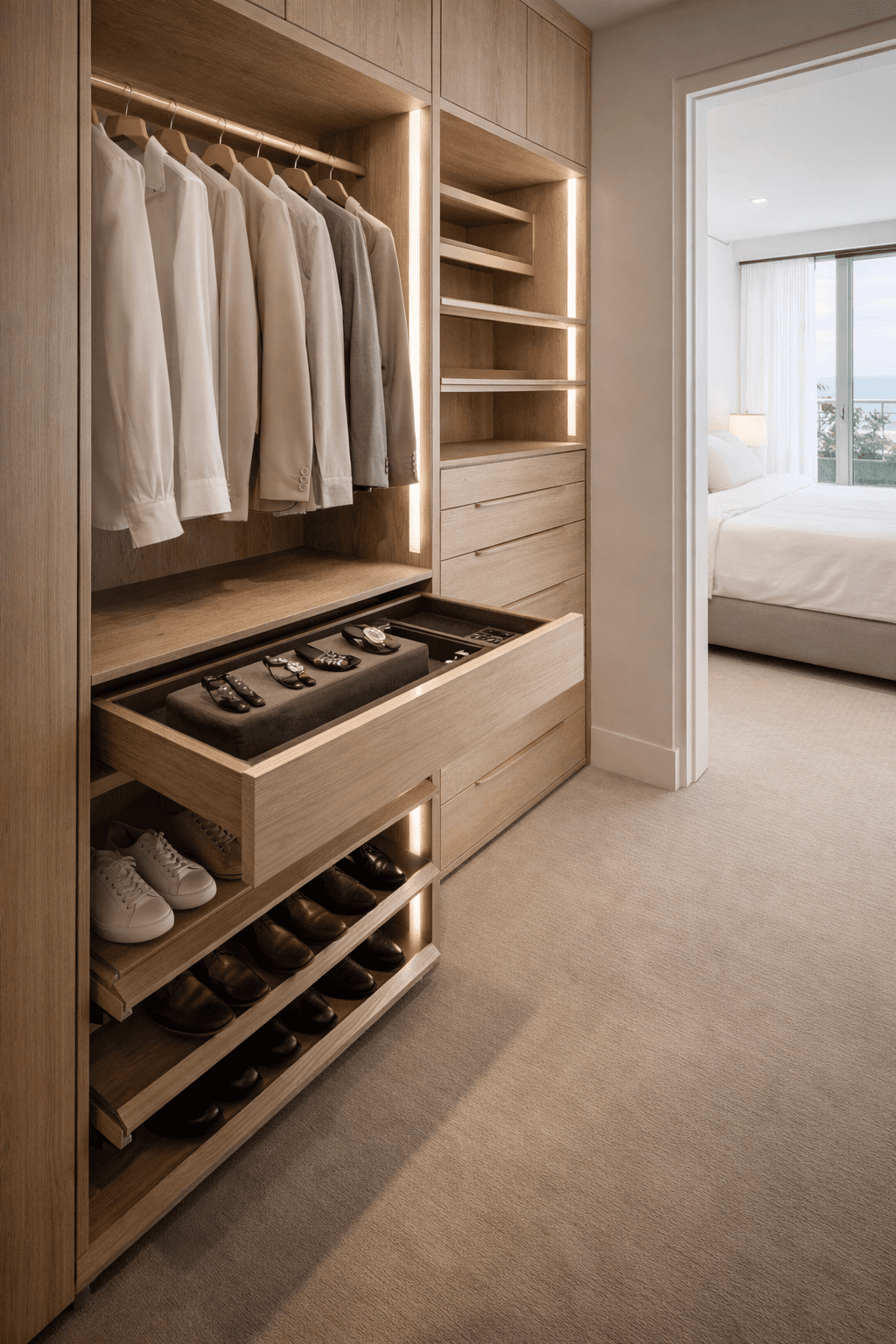 A masterfully designed custom reach-in closet featuring vertical oak shelving and integrated warm LED lighting to maximize a compact space.