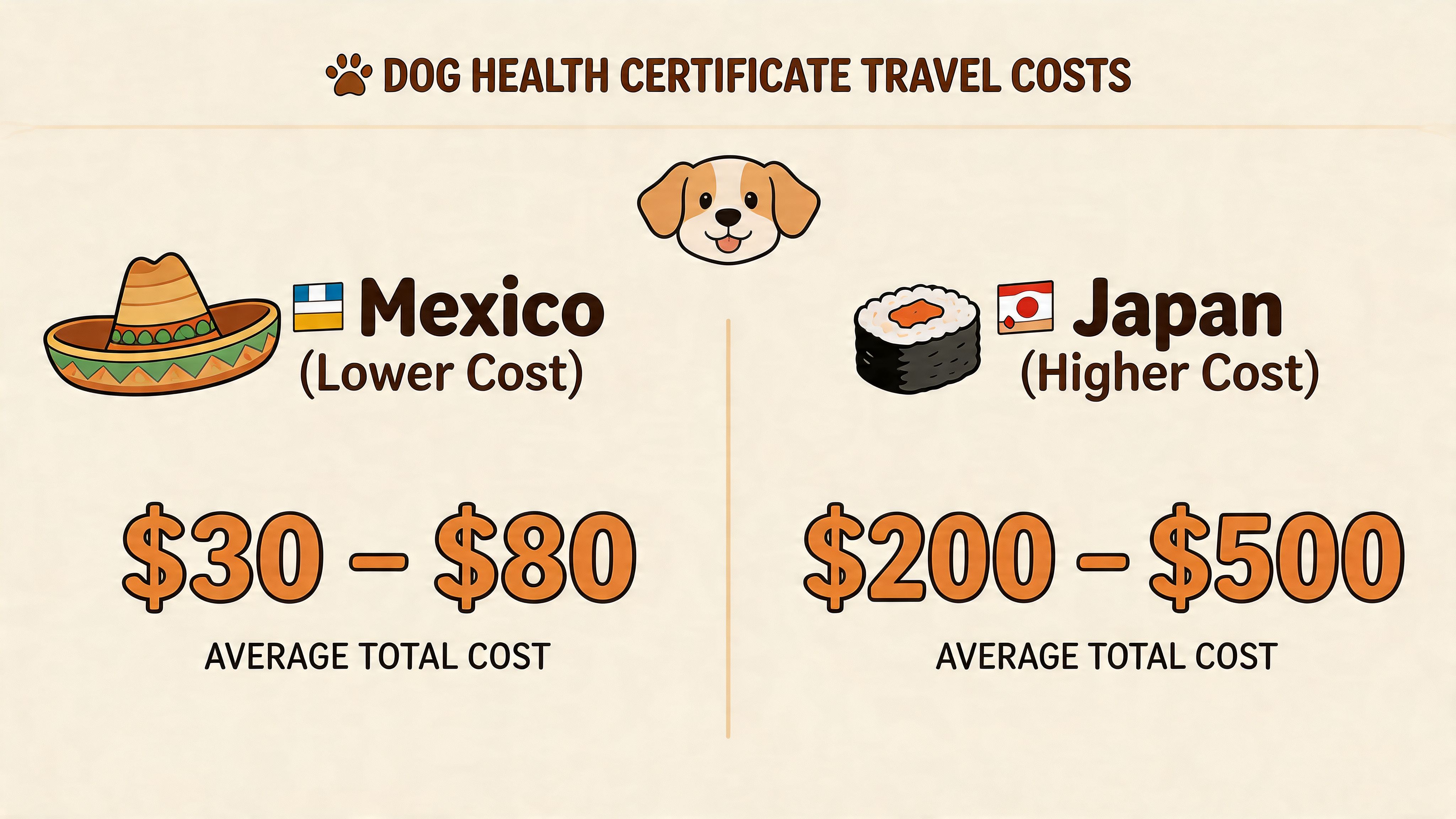 An infographic comparing the average cost of dog health certificates for traveling to Mexico versus Japan.