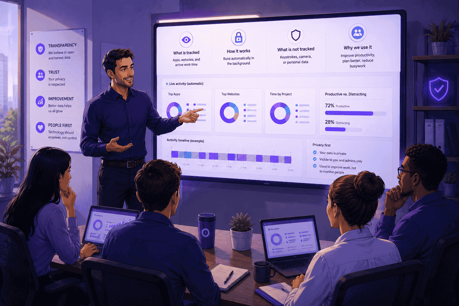 Manager openly presenting an automatic time tracking system to employees, demonstrating transparency, visibility, and clear communication about how workplace productivity data is collected.