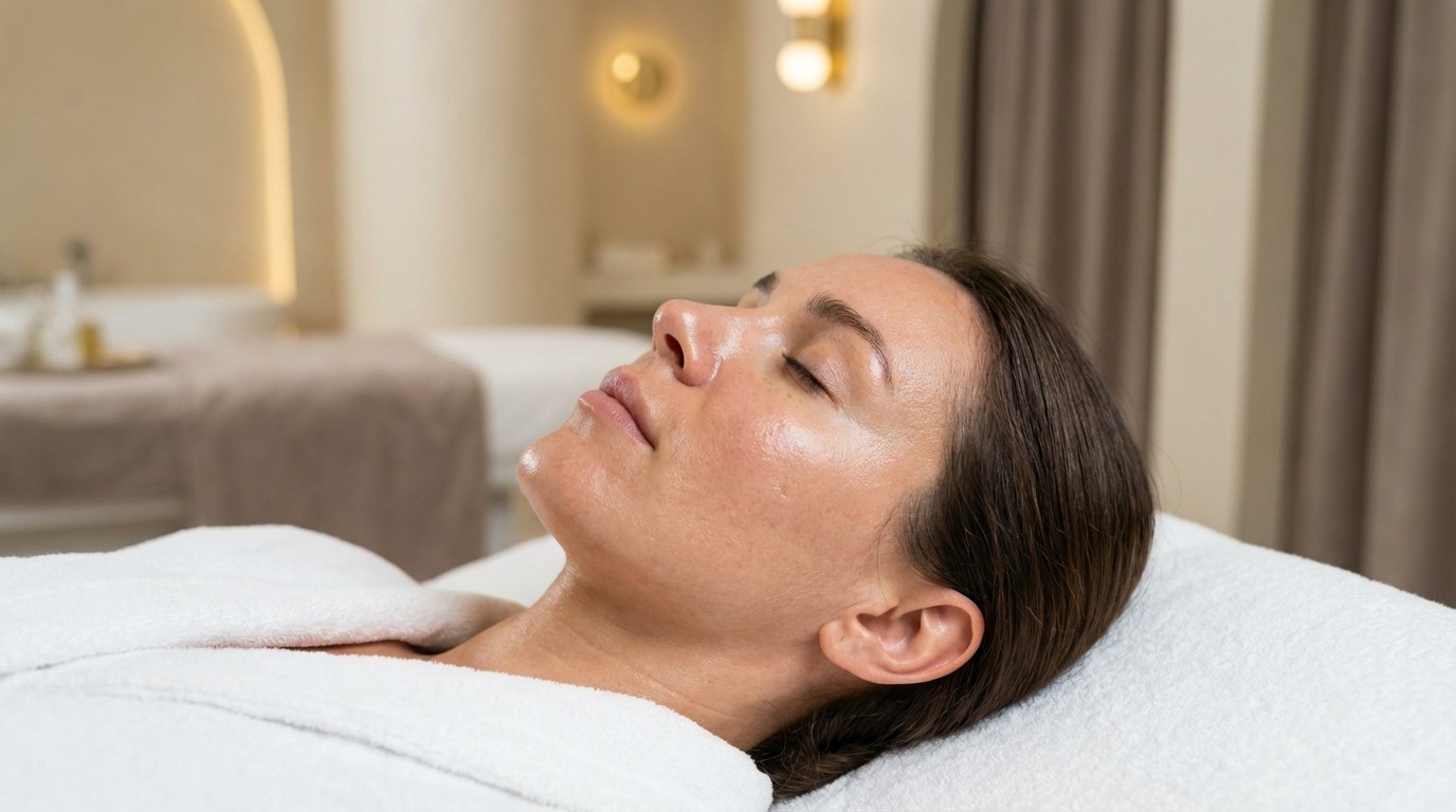 Close-up portret van een vrouw met stralende gehydrateerde huid die comfortabel ligt op een witte spa-bed. Ze heeft haar ogen gesloten en ziet er sereen uit. Zacht licht valt op haar jukbeenderen. Achtergrond: Een vervaagde minimalistische saloninterieur met gebogen gipswanden en warme beige tinten. Hoge resolutie porie textuur zichtbaar natuurlijke schoonheid. Stijl: Luxe architecturale fotografie 8k resolutie zacht daglicht minimalistisch en luxe neutraal kleurenpalet (Beige Taupe Creme Zacht Goud).