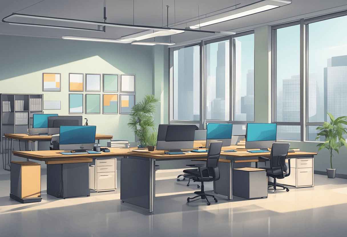 An empty office space with unoccupied desks, chairs, and equipment, surrounded by a sense of stillness and neglect