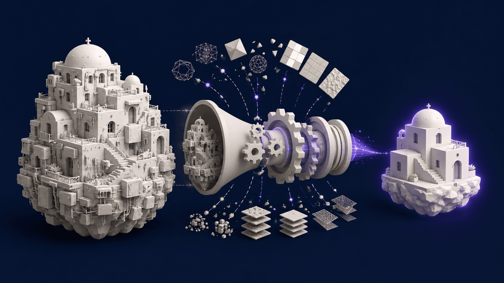 A heavy 3D model being compressed and optimized into a lighter version through a funnel of gears