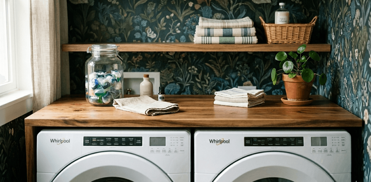Modern laundry room with front-load washer and dryer under bamboo countertop, laundry pods and potted plant.