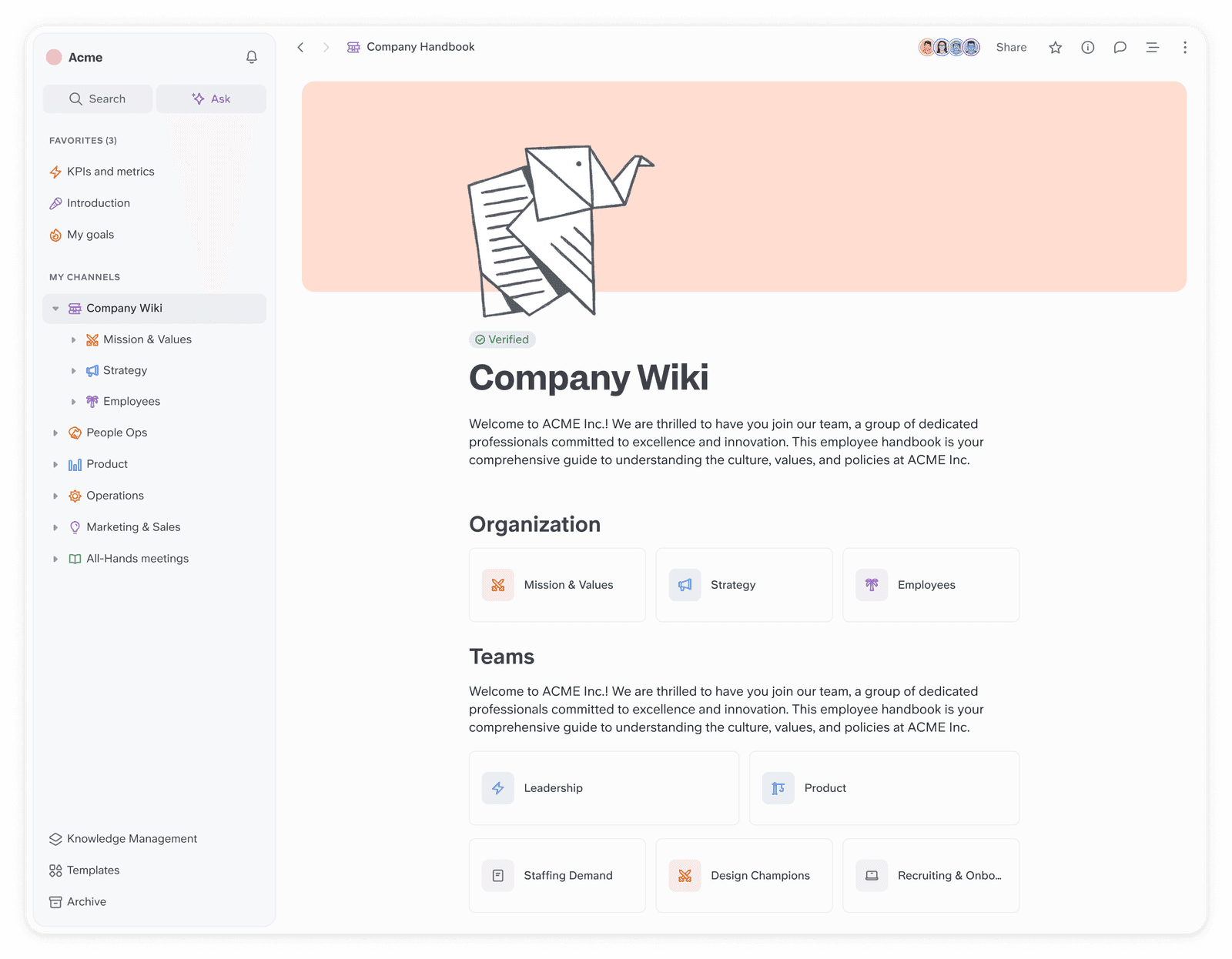 The interface of Slite