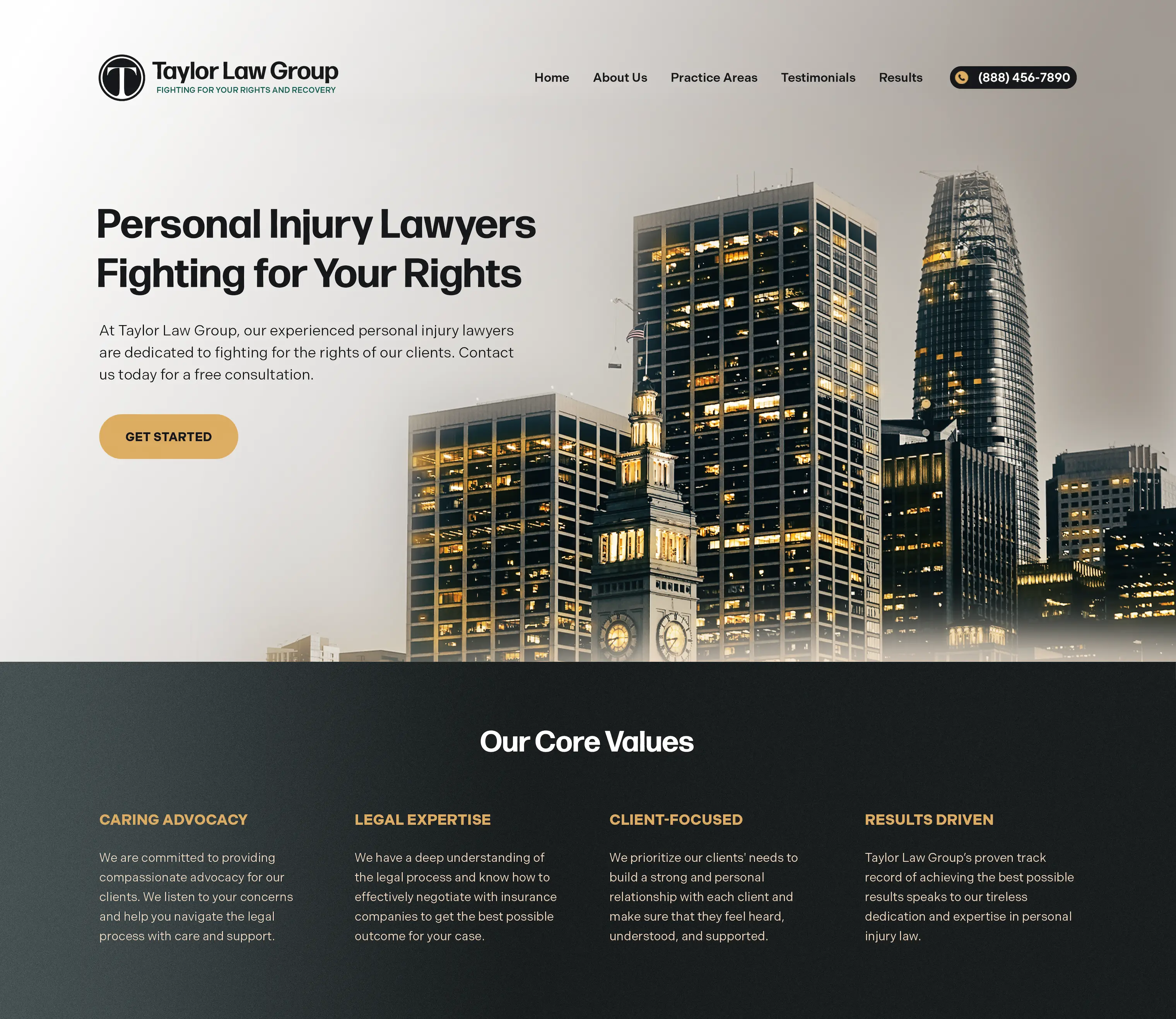 Website design for Taylor Law Group — personal injury law firm site with city skyline photography, bold headline typography, and gold accent colors
