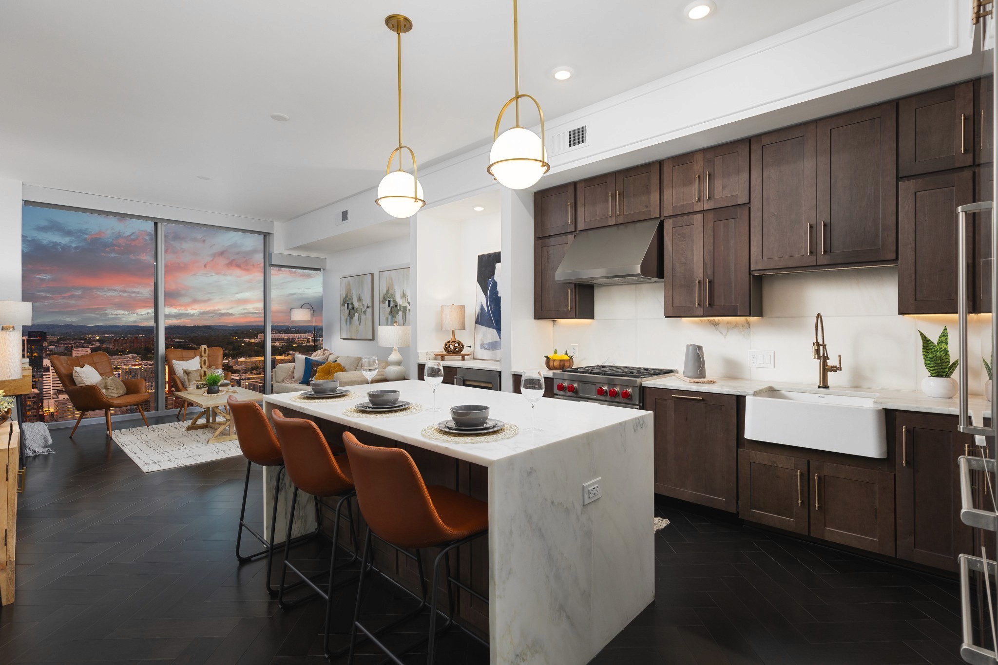 Luxury high-rise condo in Nashville featuring modern architecture, skyline views, floor-to-ceiling windows, and premium finishes—ideal for professional property management and high-end rental living