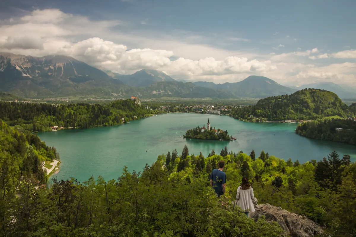 Lake Bled in Slovenia during spring from Ojstrica viewpoint.