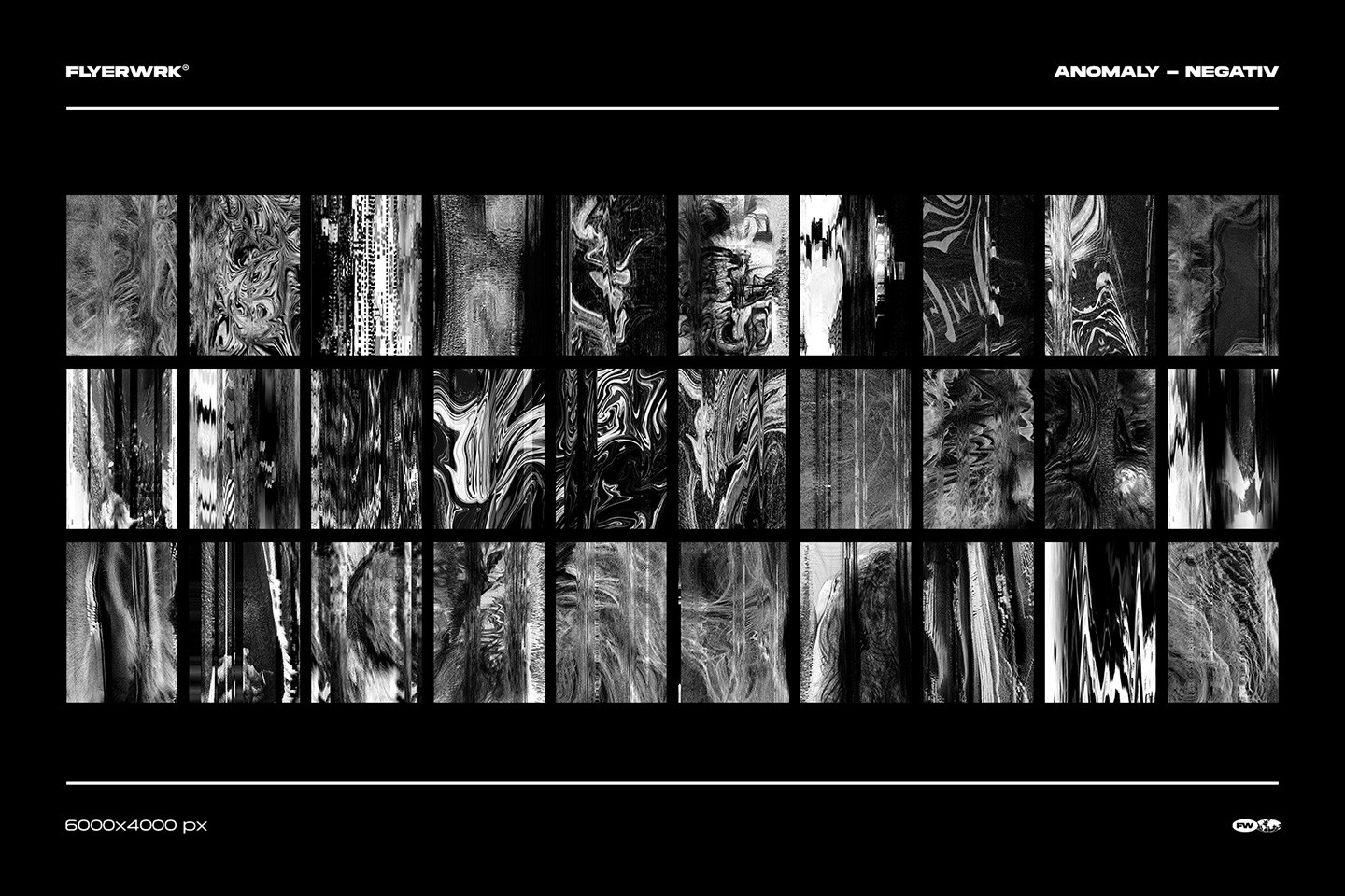 Grid overview showing thirty two anomaly digital glitch textures in high resolution negative black and white