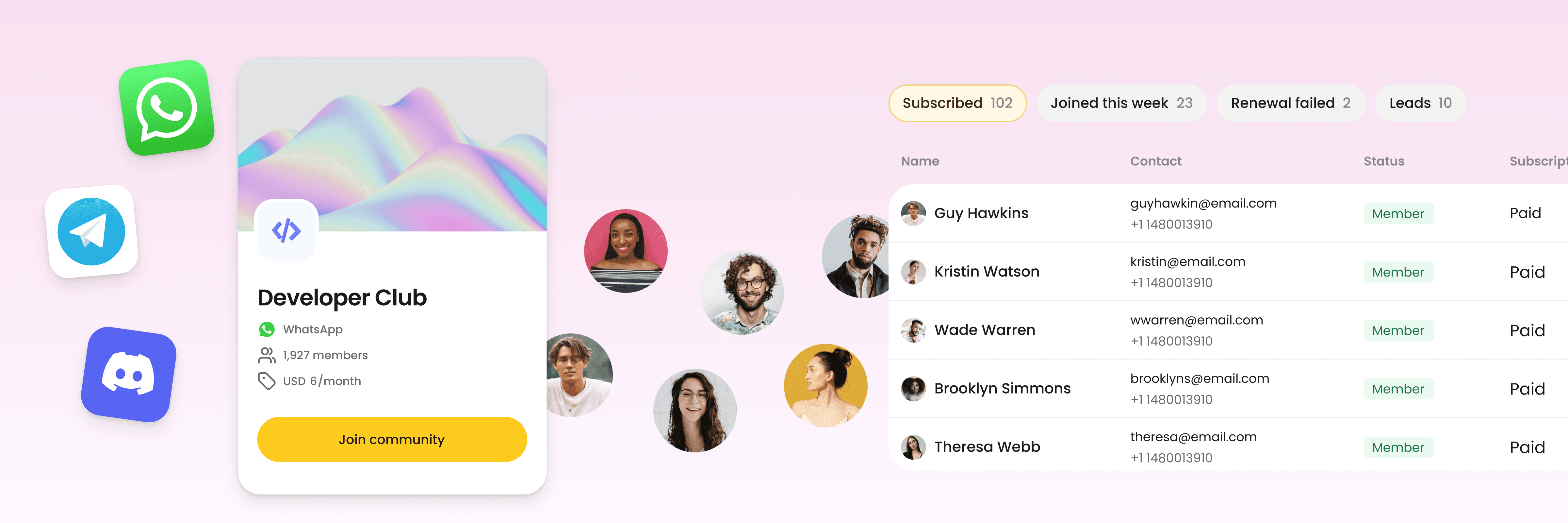Screenshot of a messenger app showing a list of members of the Developer Club. There are 1927 members in total, and the alt-text lists the name, contact information, status, and subscription status of each member.
