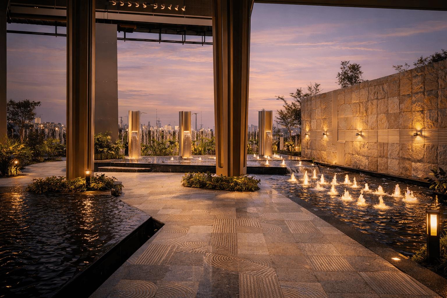 Stone flooring using Dream Grey granite in covered walkway of luxury residential project Delhi