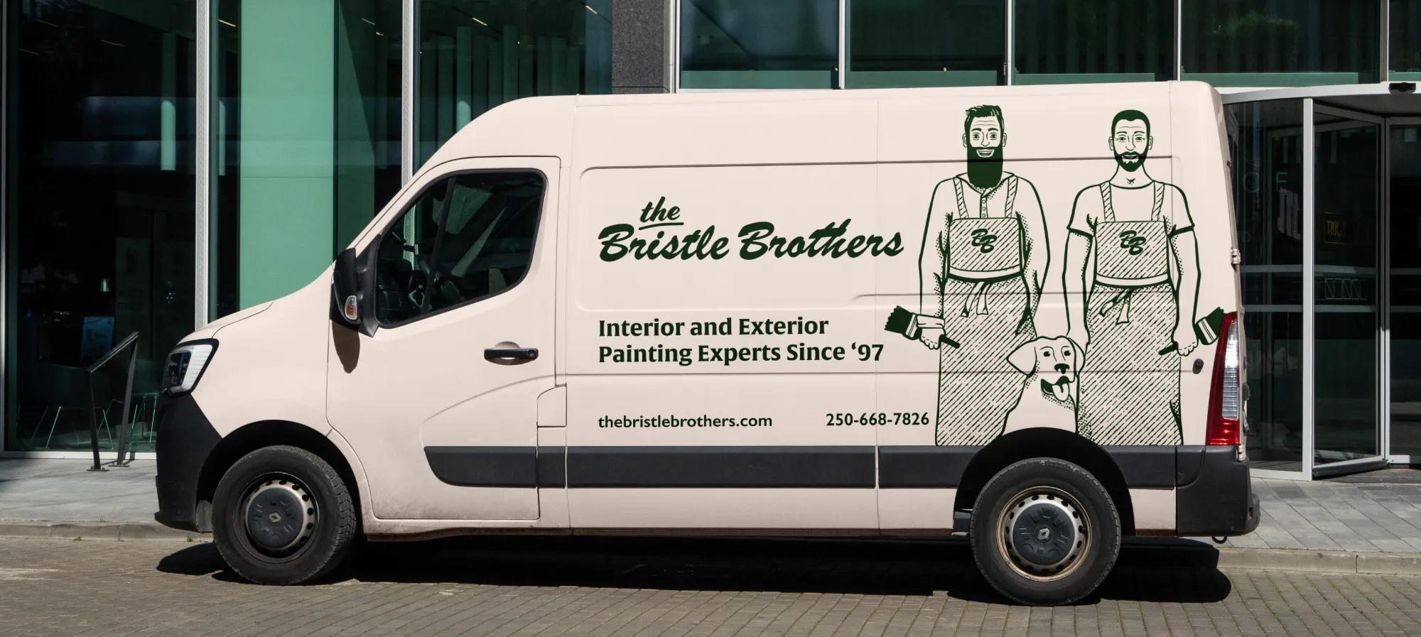 A work van with the Bristle Brothers wordmark, contact info, and the retro illustration.