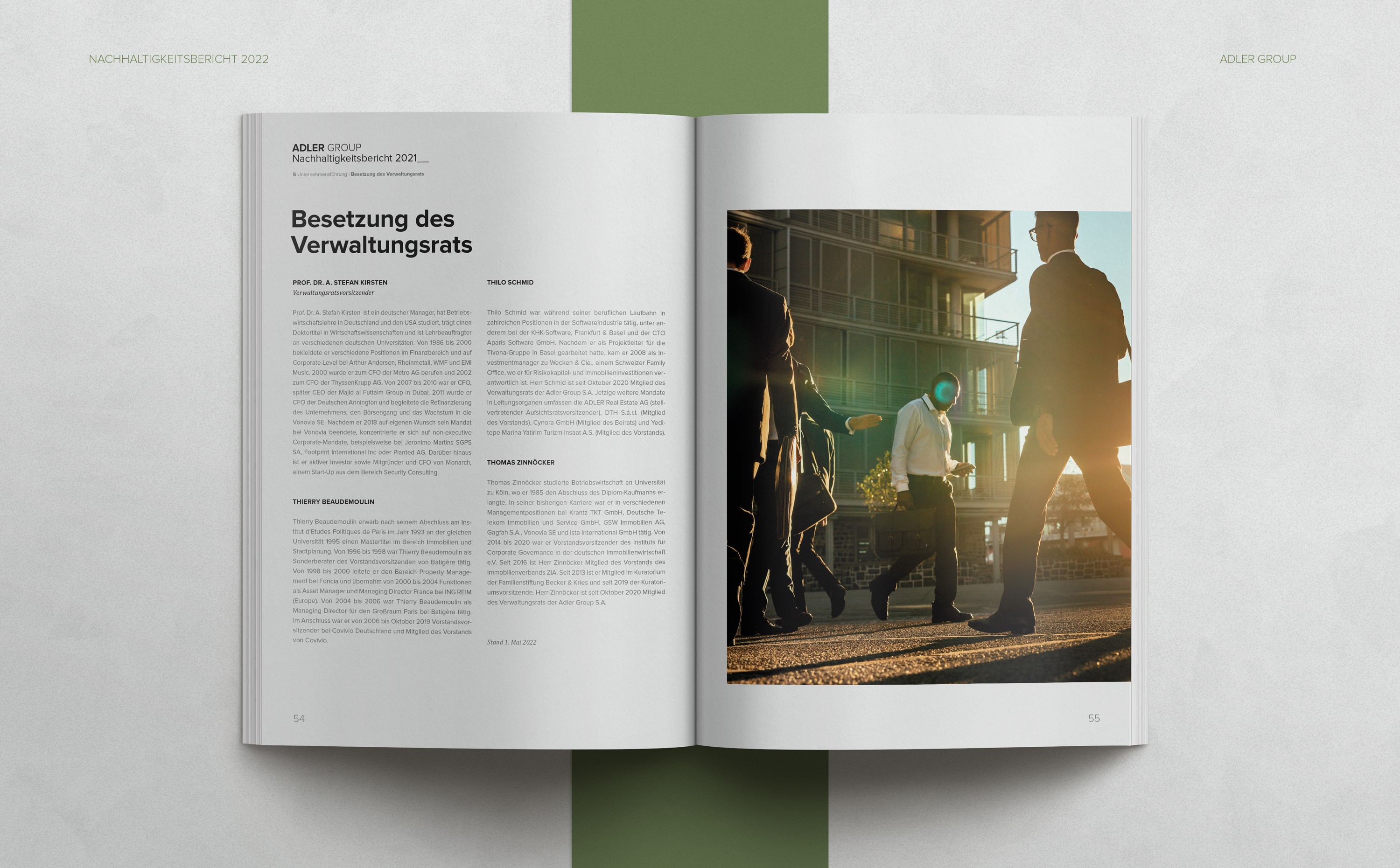 Editorial Design für den Sustainability Report der Adler Group – klare Gestaltung mit präziser Typografie und strukturierter Bildsprache