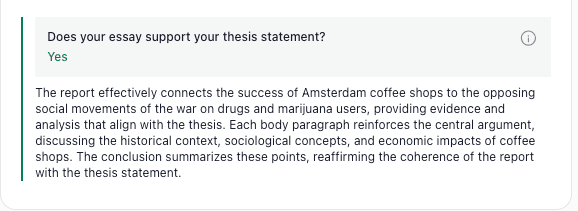 thesify feedback confirming that the body paragraphs and evidence of an essay successfully support the central thesis statement.