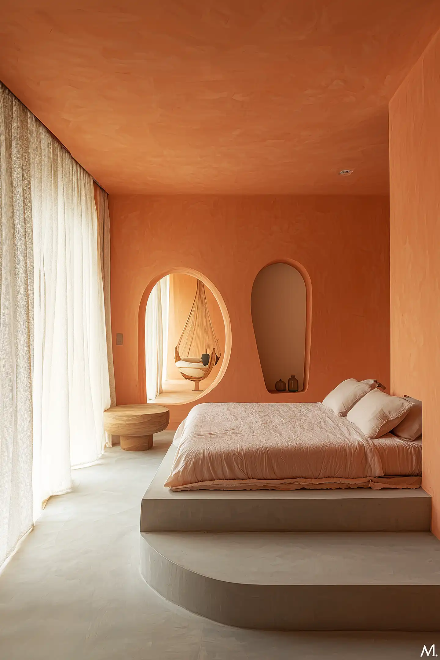 Contemporary bedroom with upholstered headboard and clean interior styling