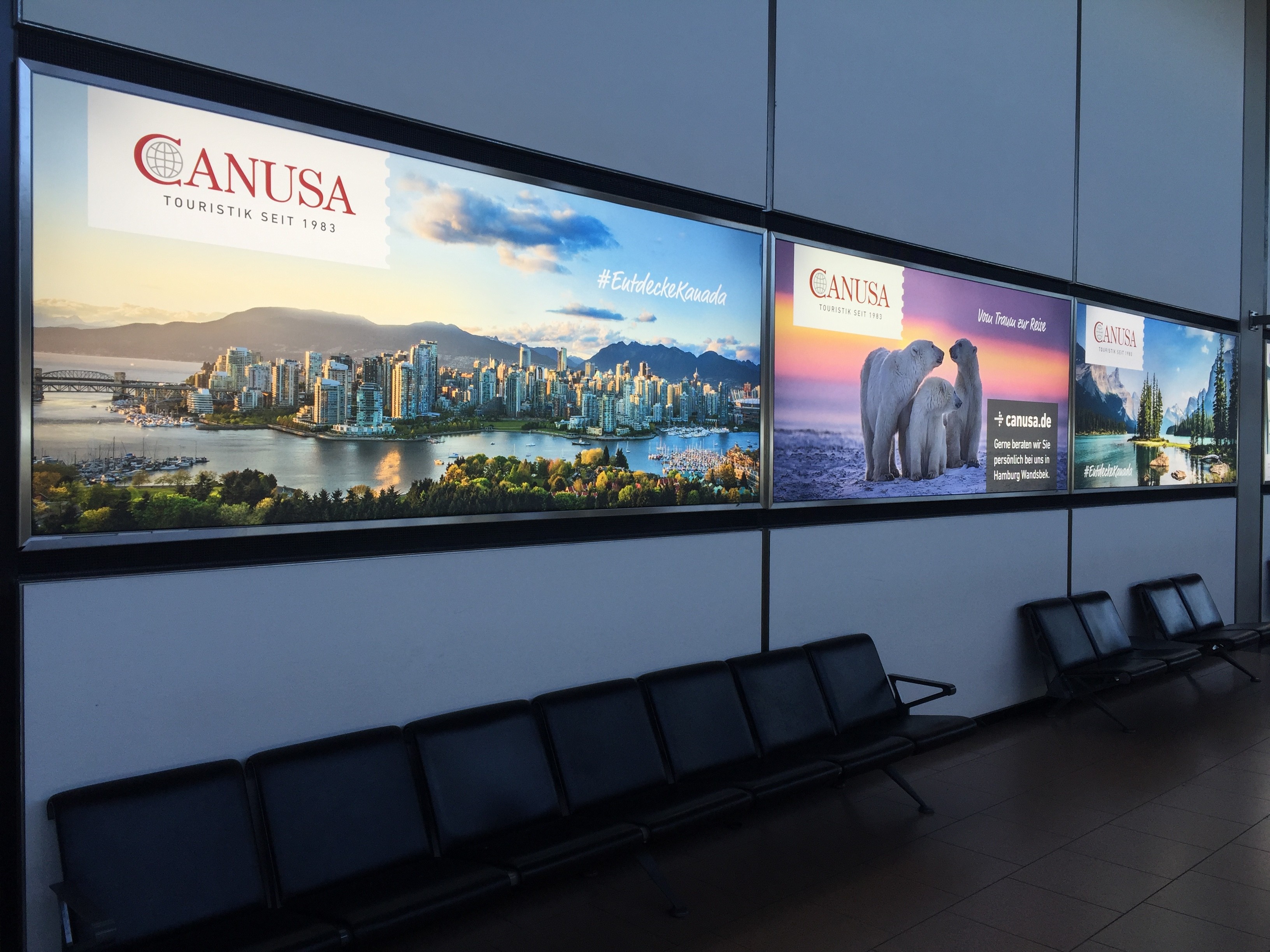 CANUSA travel ads: Vancouver, polar bears, mountains.