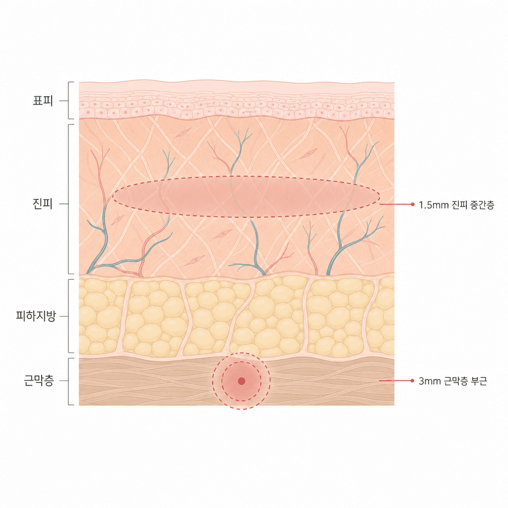 진피를 넓게 데우는 고주파와 깊은 층에 점으로 닿는 초음파