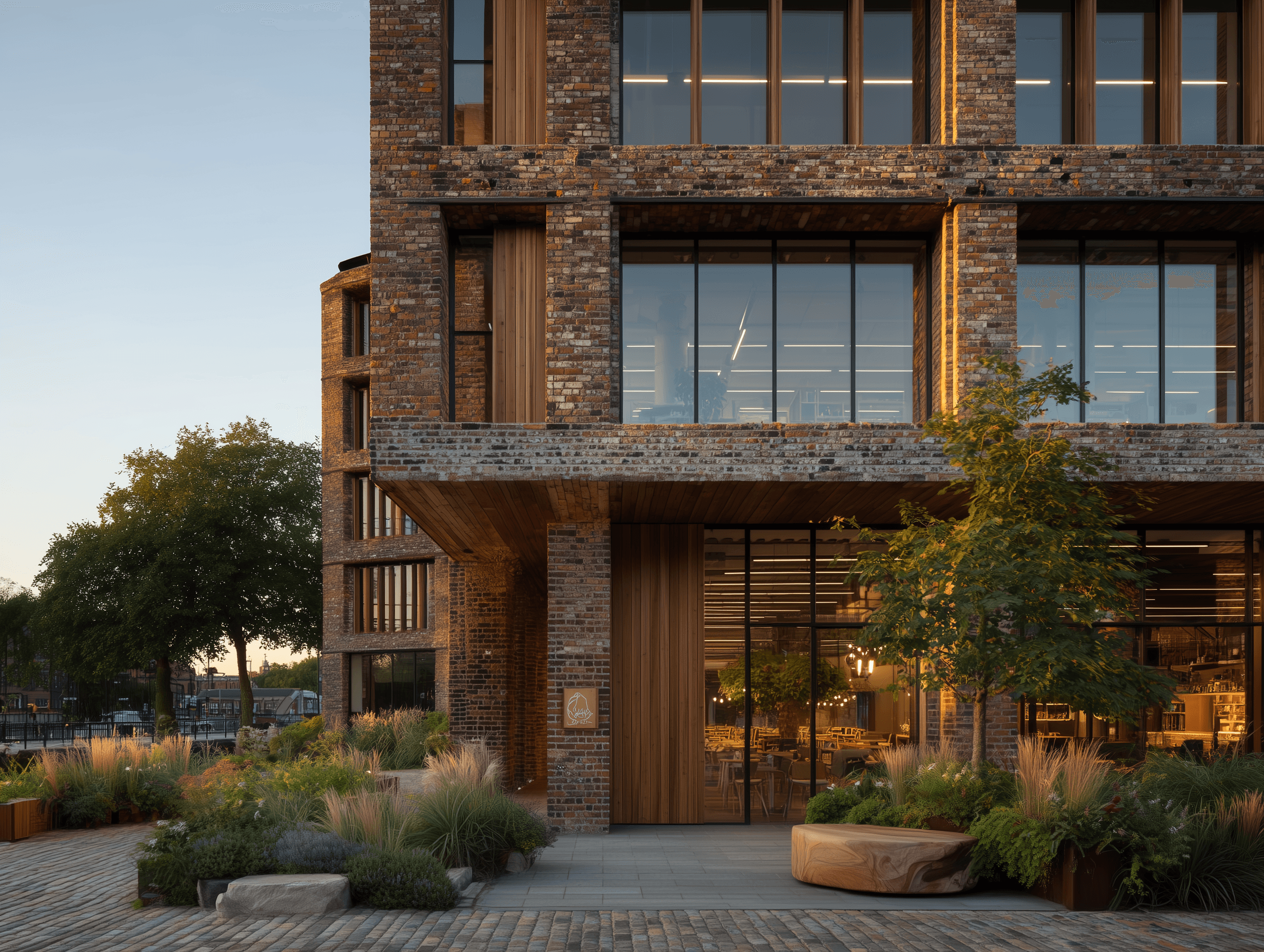 Low-angle shot of a grand brick structure with a rhythmic, pillared exterior and young trees at the base.