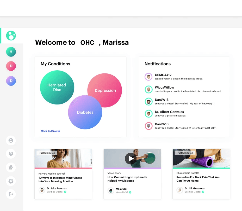 UI design for OHC dashboard showing user conditions, events, notifications, and trusted content.