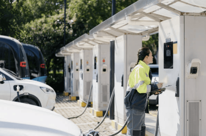 Image of technician doing field service at electric vehicle charging station