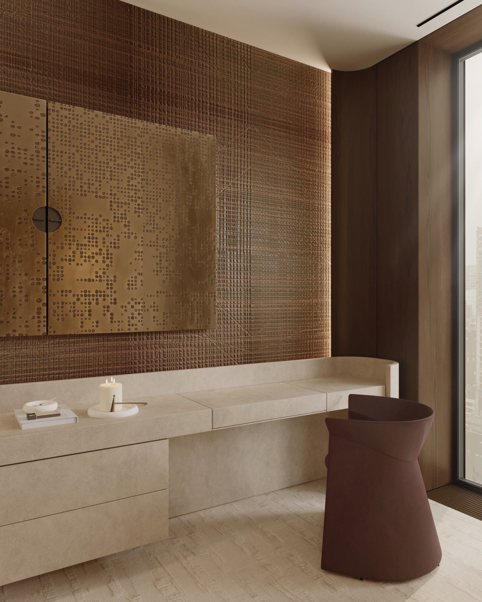 A modern bathroom with a stylish sink, wooden accents, and a round stool, featuring natural light from a window.