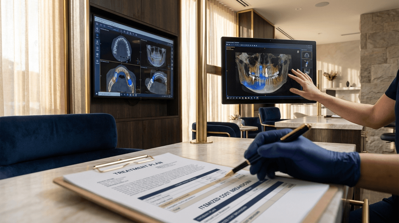 A dentist reviewing a 3D dental implant CBCT scan and itemized treatment plan with a patient at Smyrna Dental Studio