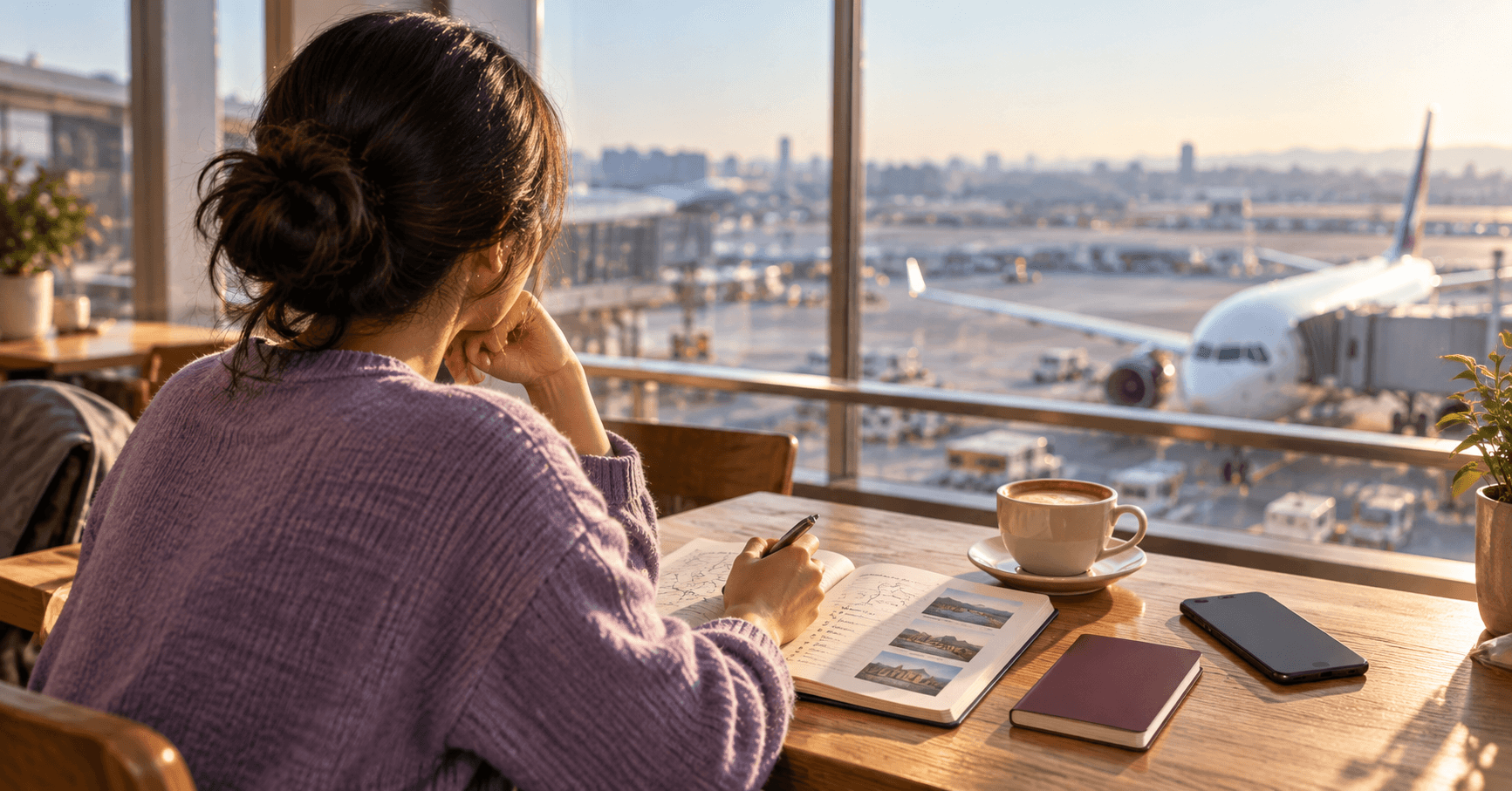 Traveller planning a journey in a notebook at an airport café, with an aircraft visible through the window.