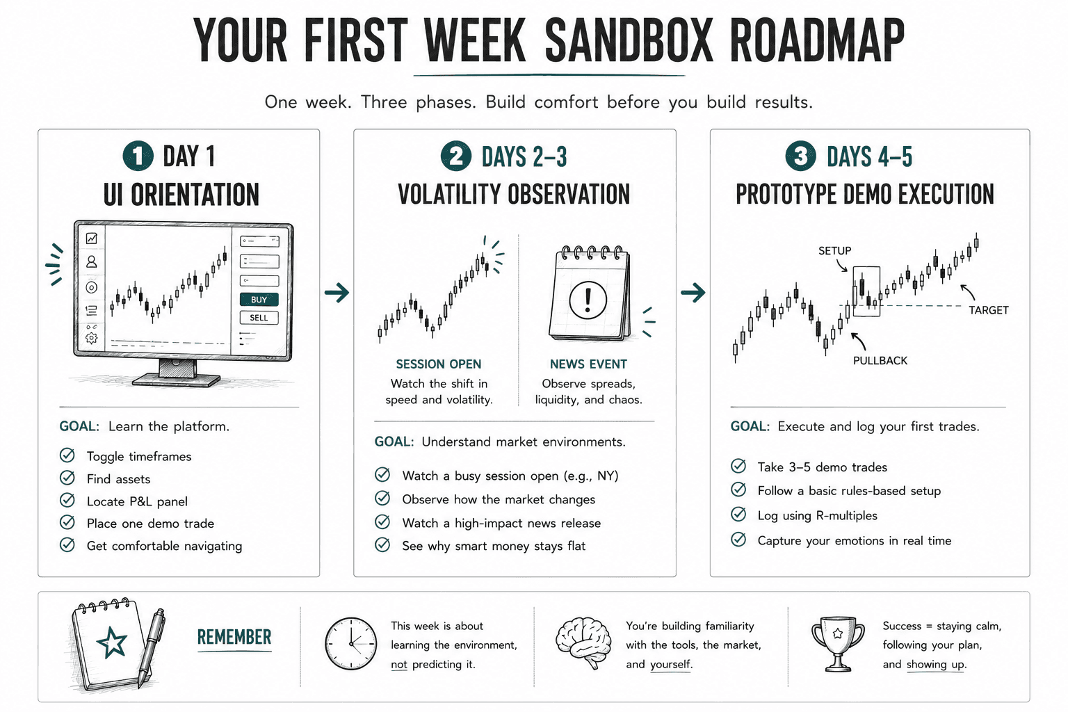 A three-phase roadmap outlining the first week of paper trading. The infographic progresses from platform orientation on Day 1, to observing market behavior during Days 2 and 3, and finally executing and journaling simulated trades during Days 4 and 5. It helps new traders recognize what to focus on during each stage of their first week.