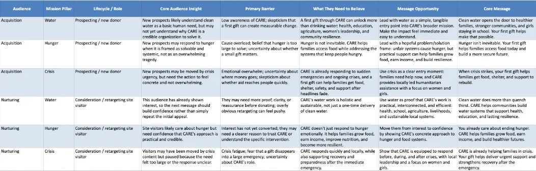 CARE audience strategy spreadsheet showing audience relationships, mission pillars, insights, barriers, beliefs, and message opportunities.